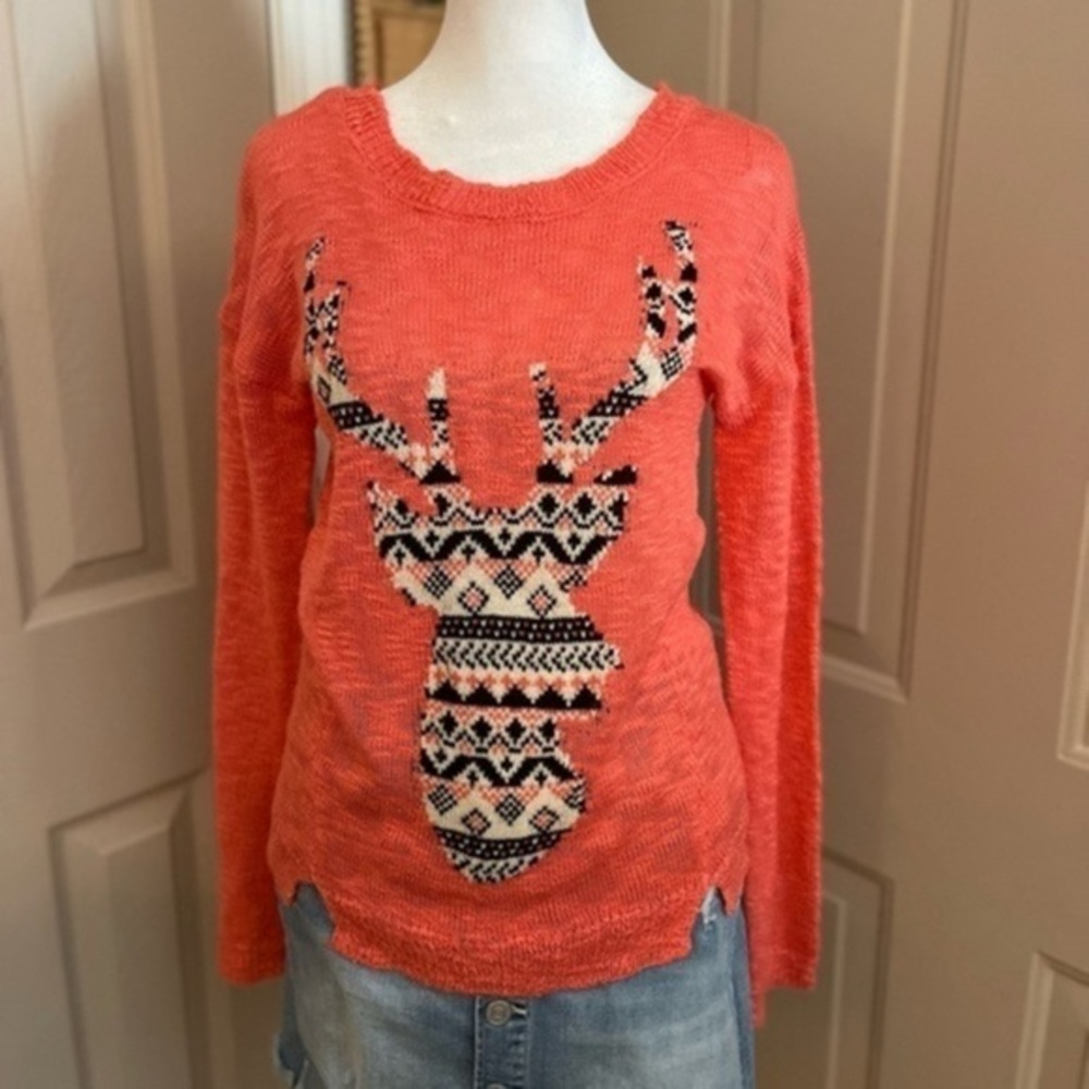 Pink Rose salmon colored antlered deer cute “ugly Christmas sweater” in Size S.